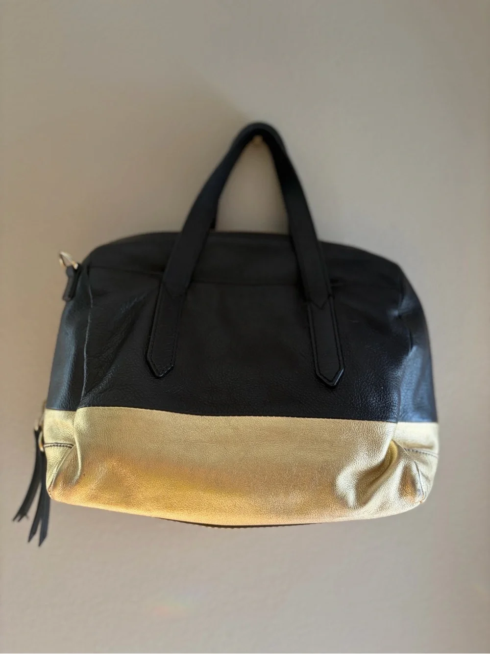 Fossil Black & Gold Colorblock Leather Satchel Bag